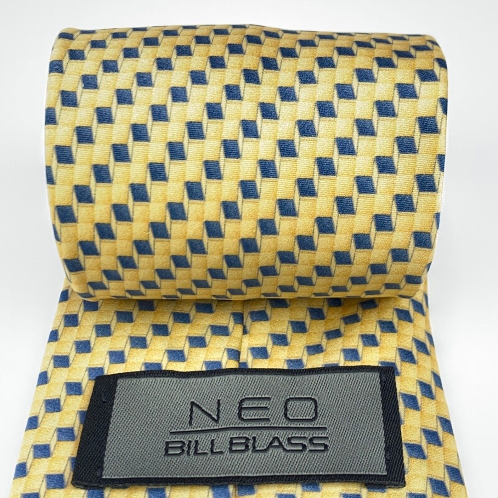NEO BILL BLASS Tie Yellow Blue Squares Geometric Classic Wide 100% Silk Necktie